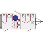 Floorplan of Black Tie wide body restroom trailer with 6 stations, 3 sinks, a water heater, AC, 200 gallon water tank and 515 gallon waste tank